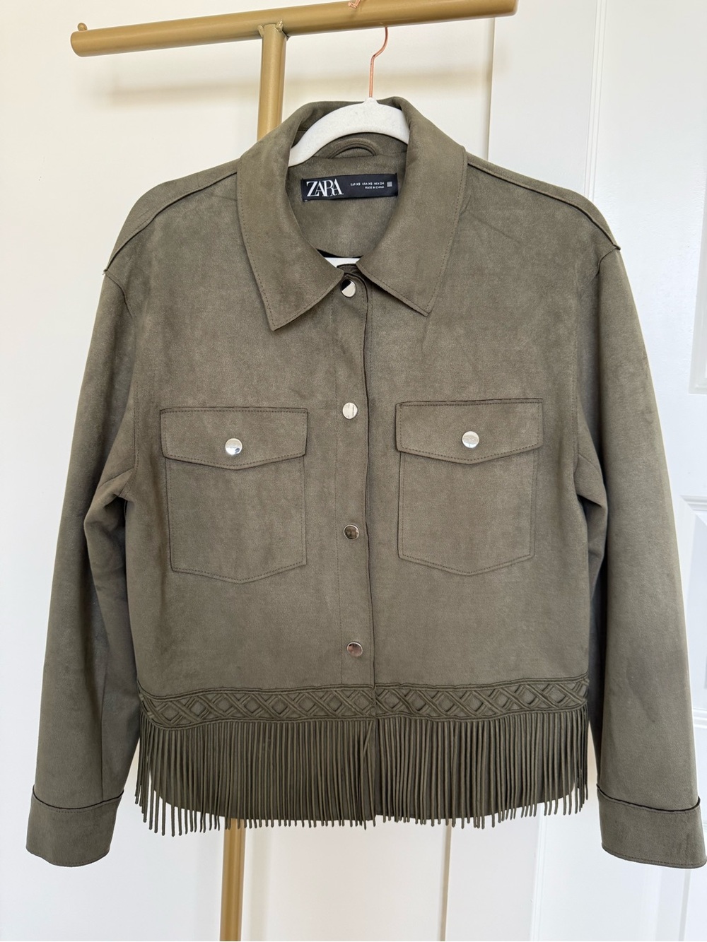Zara Olive Green Suede Fringe Jacket